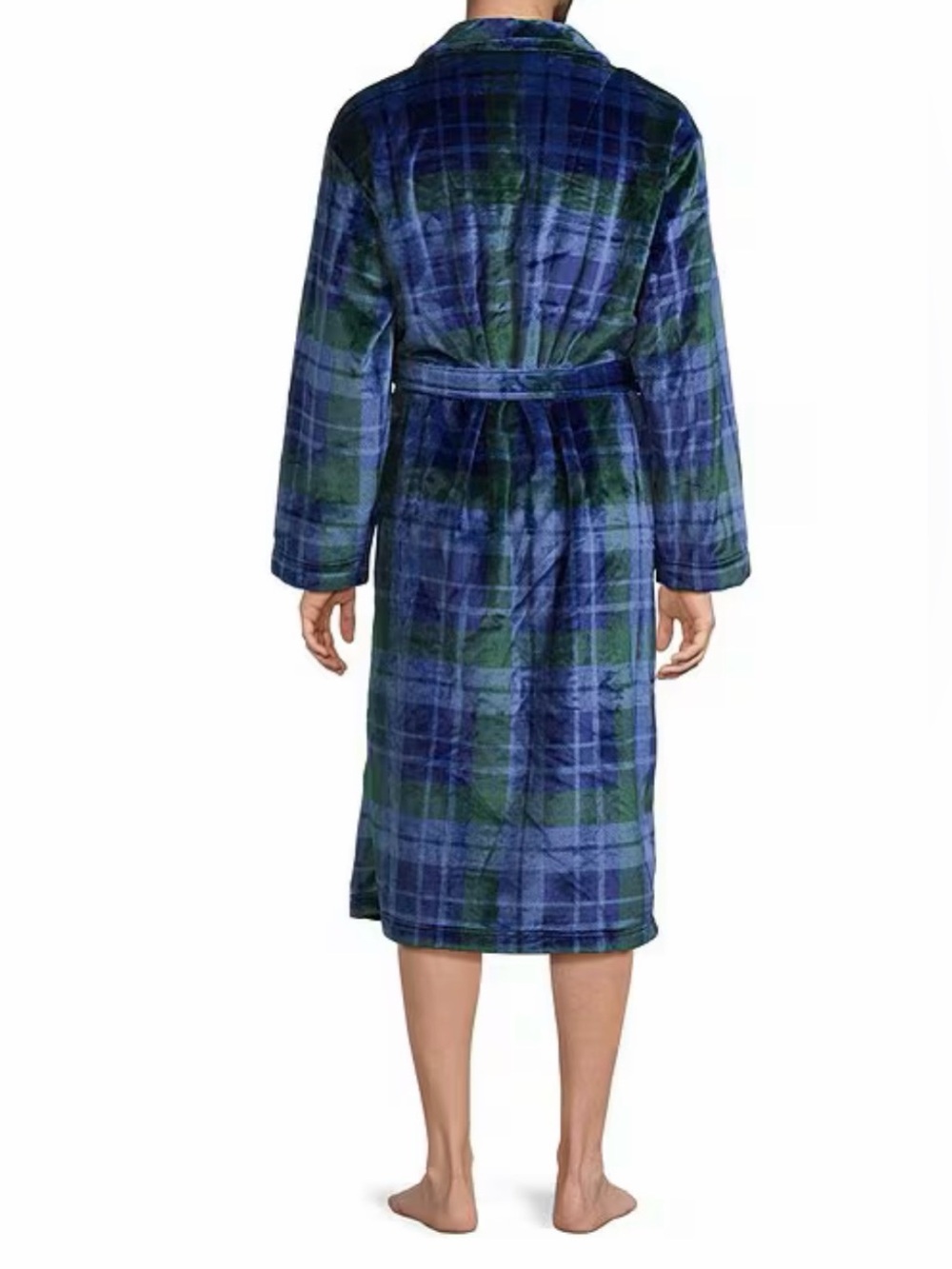 Big & Tall Printed Long Sleeve Plaid Velvet Robe in Dark Green and Navy - Picture 2 of 3